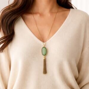 Green Sparkle Faux Gemstone Tassel Pendant Necklace Gold Tone Long